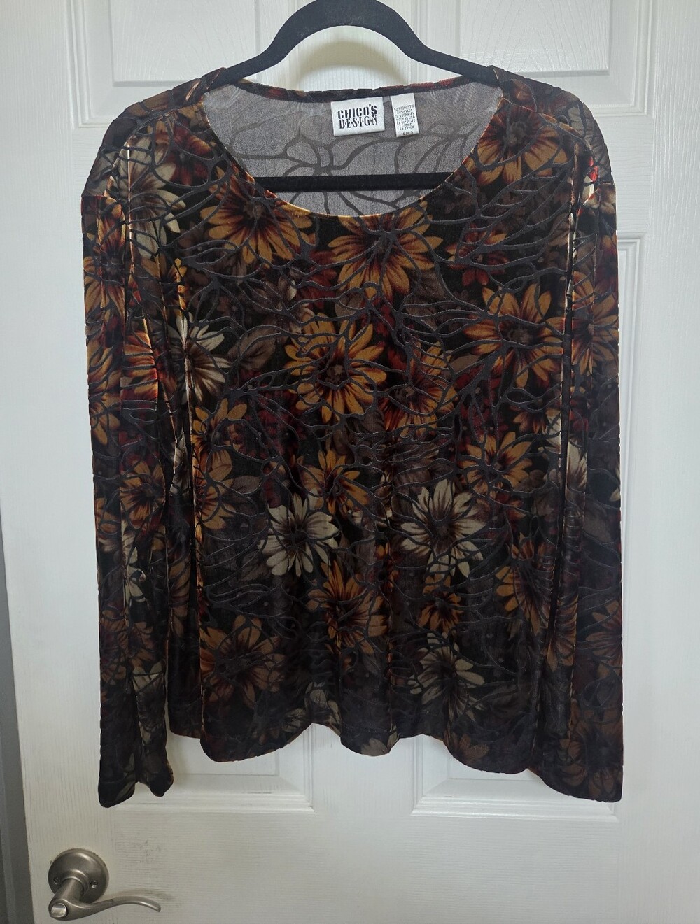 Chico's Floral Velvet Long Sleeve Top Brown, Gold, Cream Fall Whimsigoth Boho XL